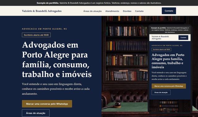Prévia do site de exemplo de um escritório de advocacia, em computador e celular