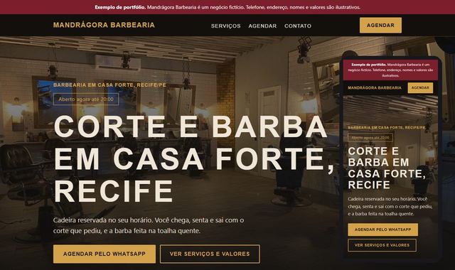 Prévia do site de exemplo de uma barbearia, em computador e celular