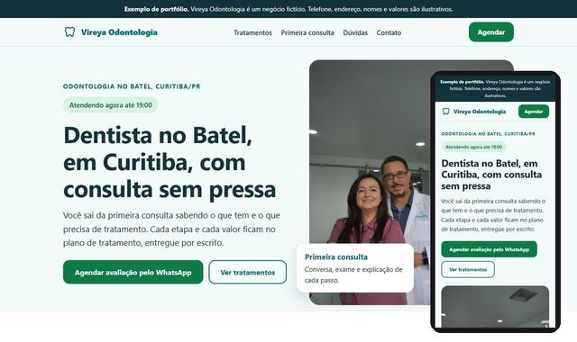 Prévia do site de exemplo de um consultório odontológico, em computador e celular