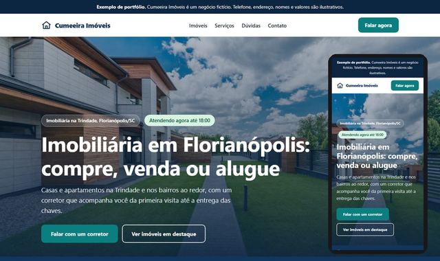 Prévia do site de exemplo de uma imobiliária, em computador e celular