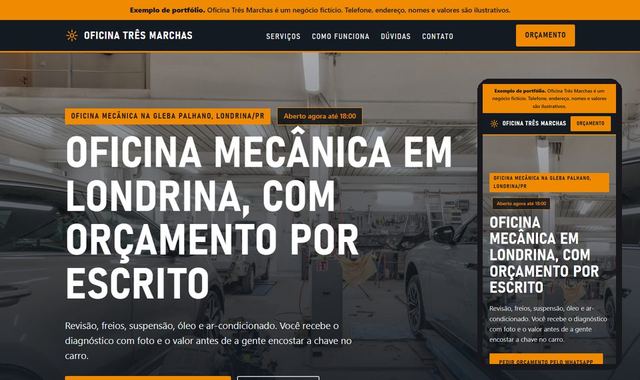 Prévia do site de exemplo de uma oficina mecânica, em computador e celular