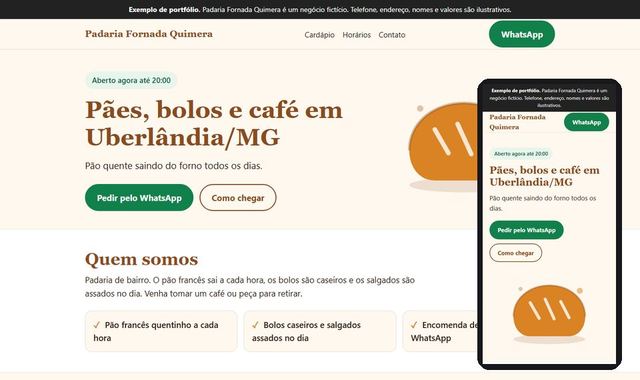 Prévia do site de exemplo de uma padaria, em computador e celular