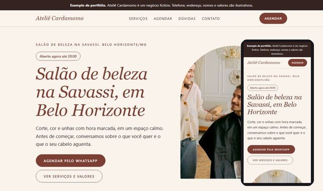 Prévia do site de exemplo de um salão de beleza, em computador e celular